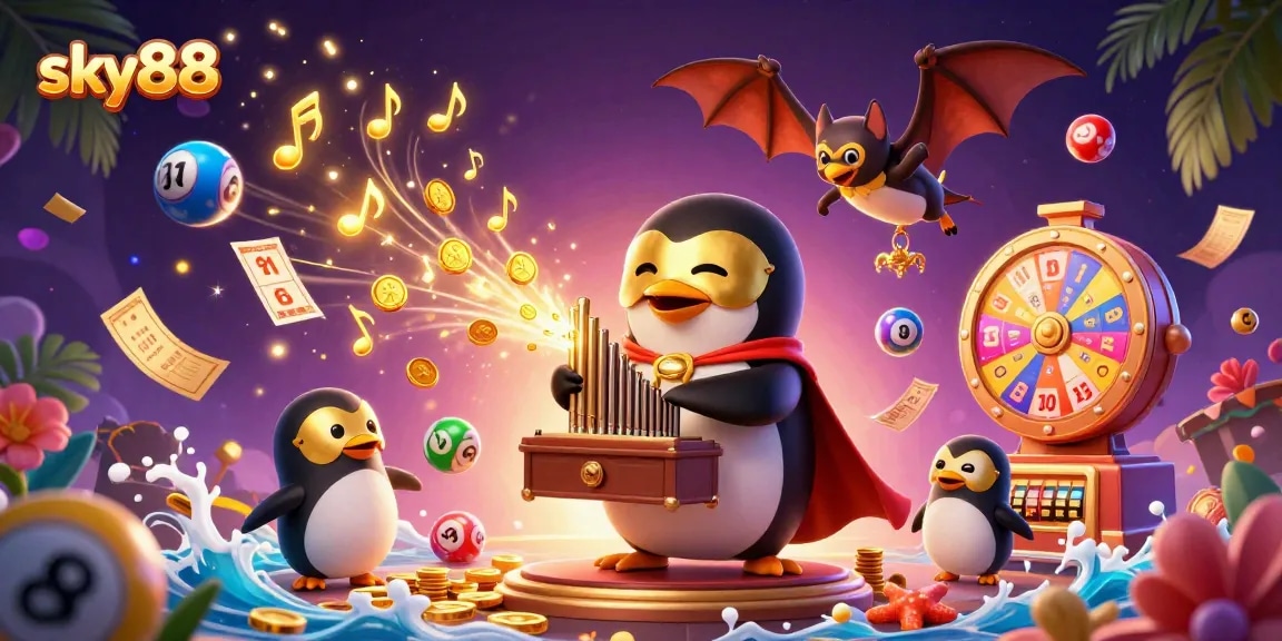 Join the sky88 gaming adventure with vibrant lottery balls and golden prizes raining down.