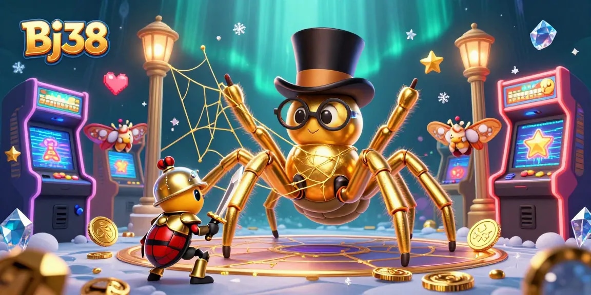Bj38 brings excitement in a casino-themed 3D illustration with a golden tarantula and beetle knight.