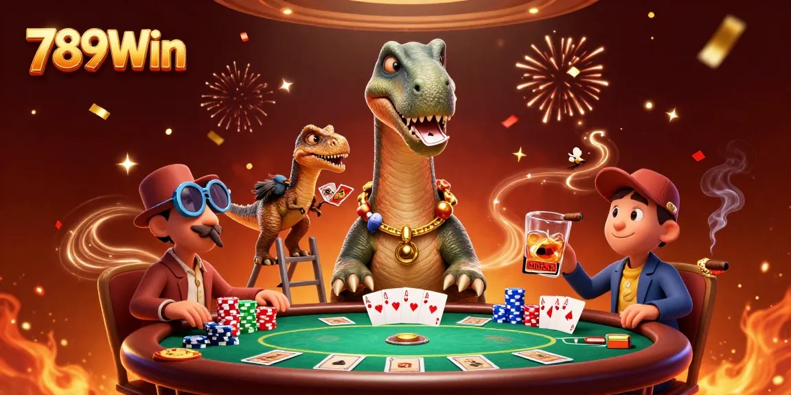 Experience thrilling poker action with the captivating 789Win scene of a giant brontosaurus and clever raptor.