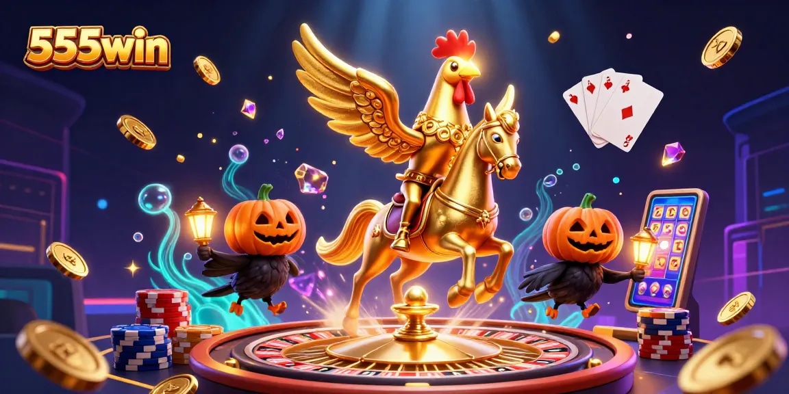 Engage in thrilling adventures with 555win's captivating casino scene featuring vibrant characters and dynamic gaming elements.