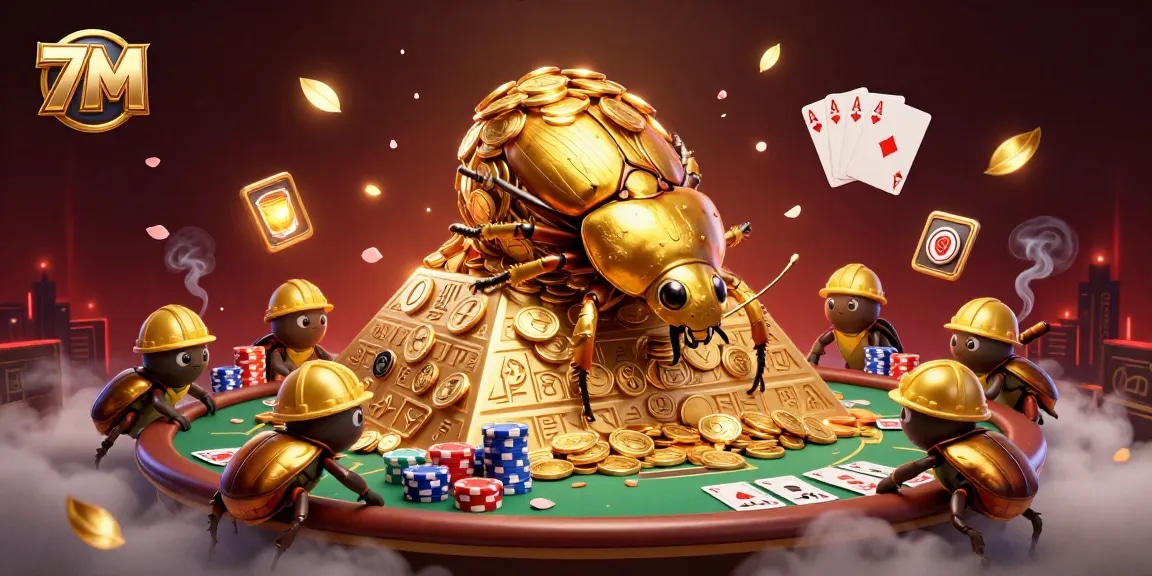 Engage with the 7M casino experience as a golden beetle rolls coins in a vibrant, dynamic scene.