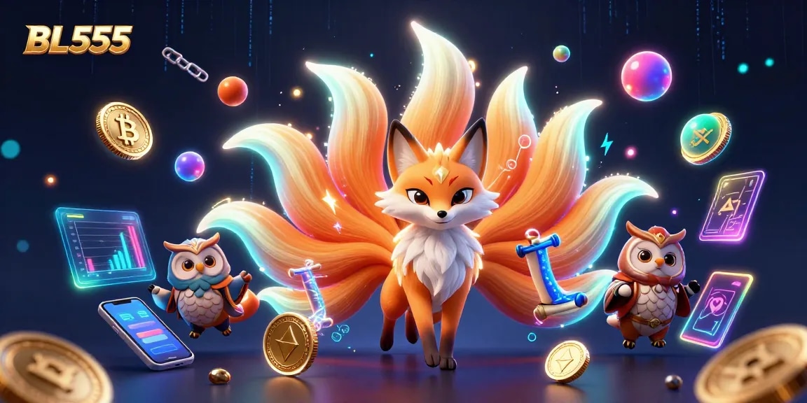 Engage with thrilling gameplay at BL555 featuring colorful fox spirit and wise owl in a magical casino atmosphere.