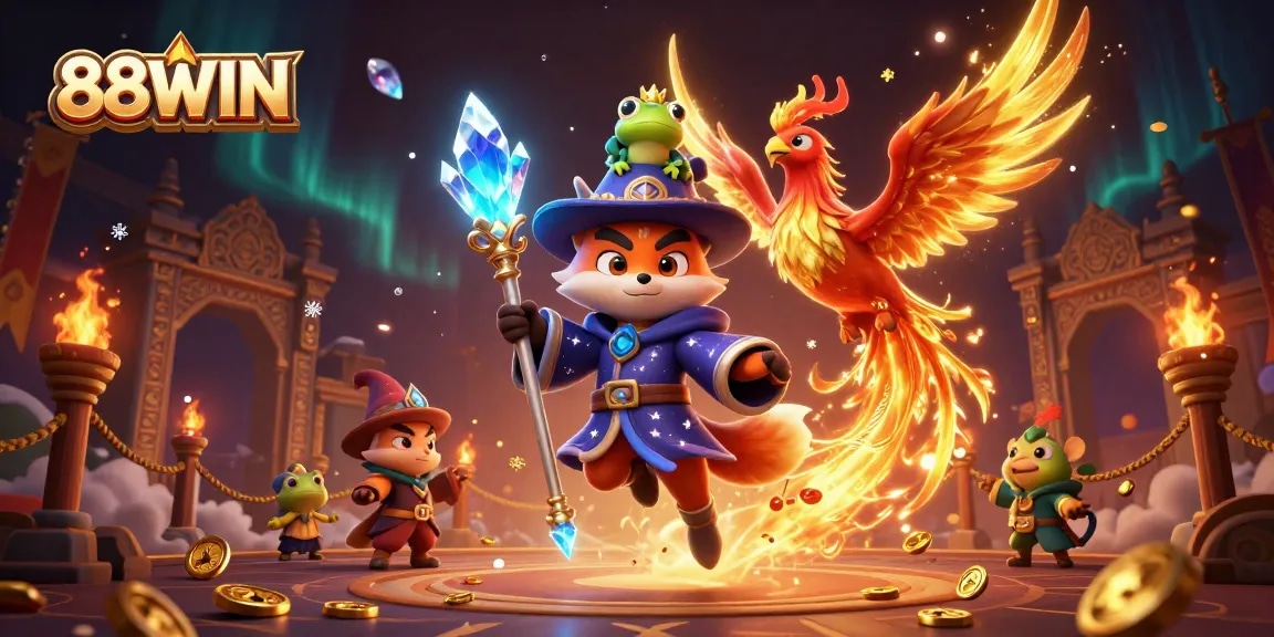 Engage with 88WIN in a vibrant 3D casino scene featuring mystical elements and gaming tokens.