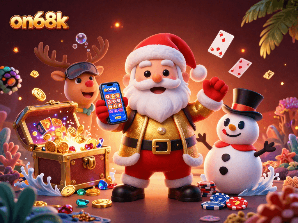 Experience exciting jackpots with on68k in a vibrant 3D casino illustration featuring Santa and friends.