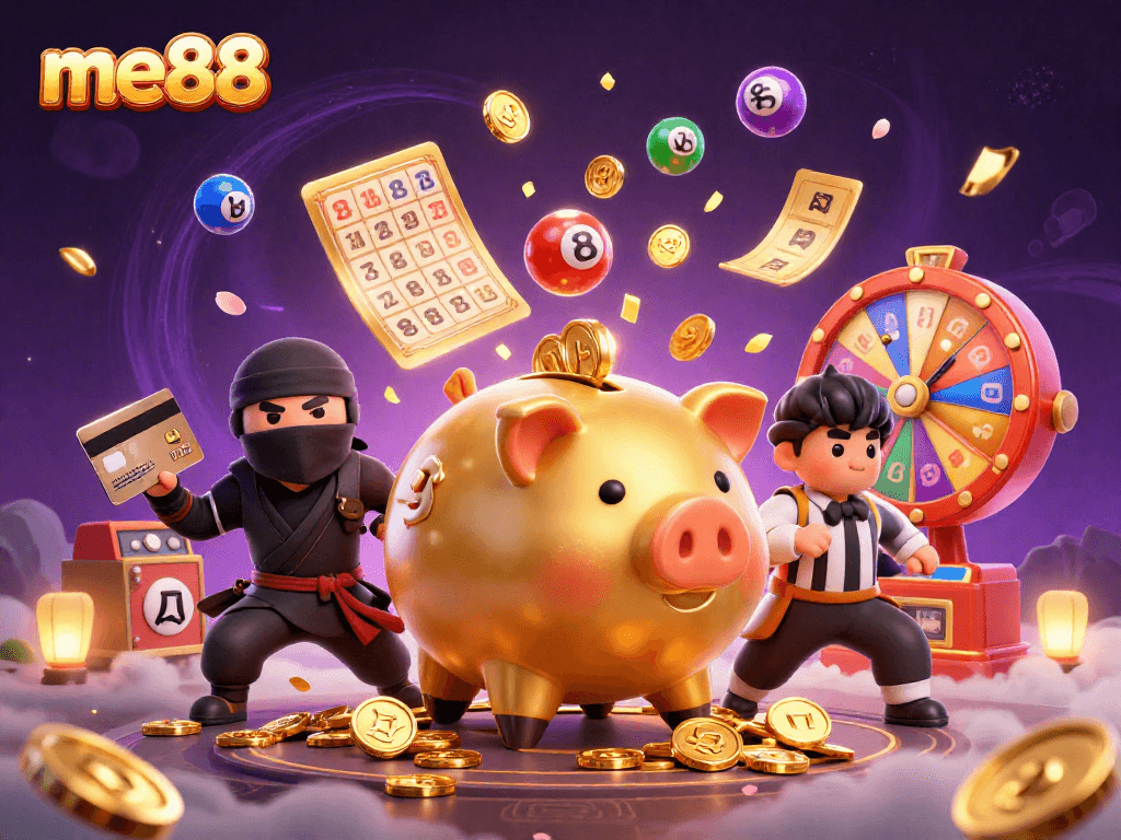 Experience me88's vibrant casino energy with lively characters and dynamic game elements.