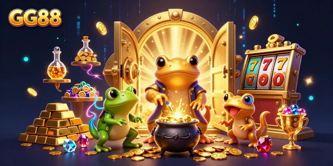 GG88 showcases vibrant gaming action with gold coins and a medieval alchemist scene.