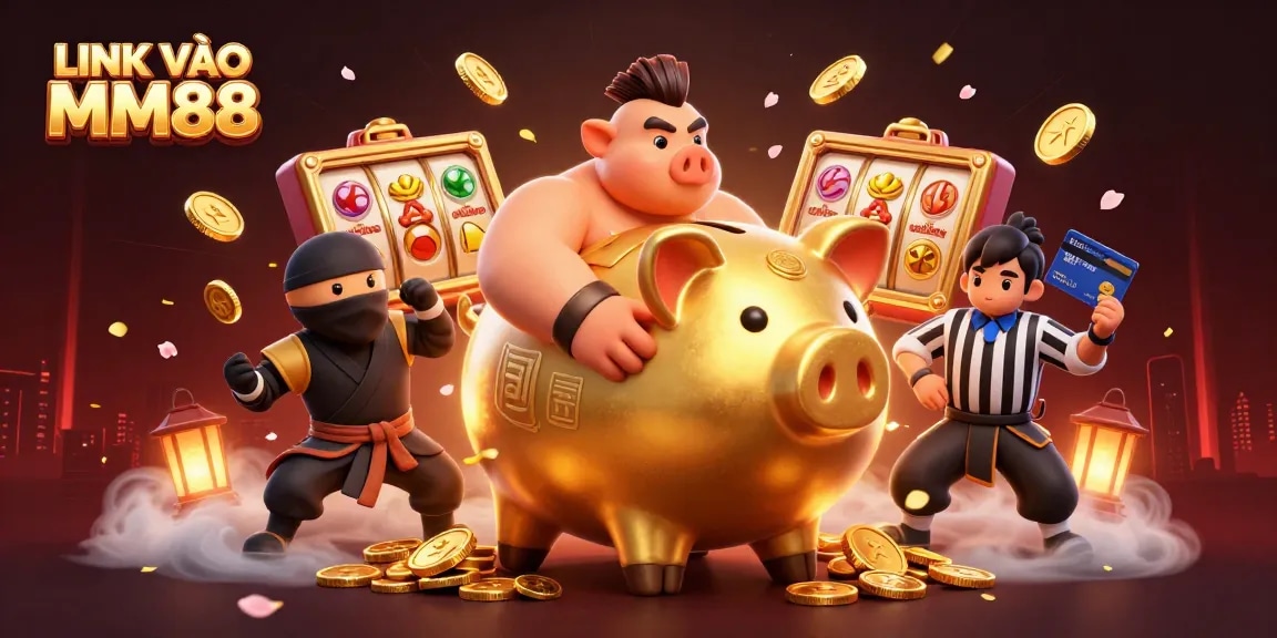 Experience excitement with LINK VÀO MM88 as gaming characters collide in a rich casino scene.