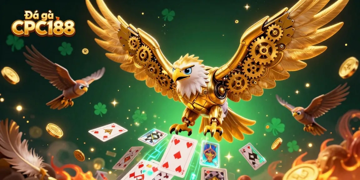 Engage with Đá gà CPC188, featuring a vibrant 3D scene of a golden eagle amidst cockfighting elements, showcasing exciting betting action.