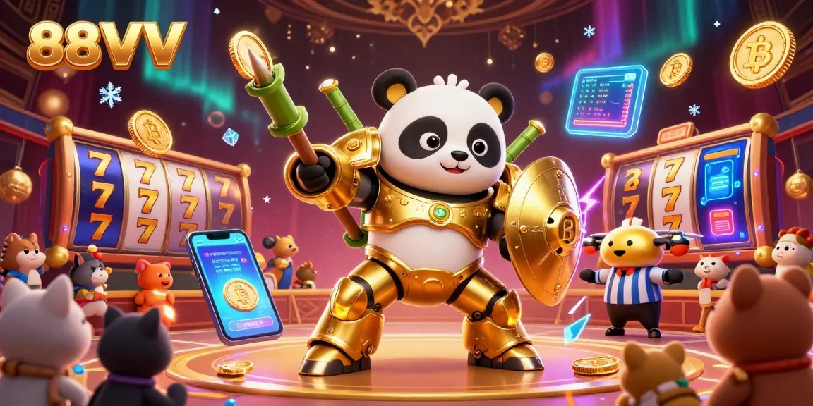 Engage in thrilling gameplay at 88VV with vivid slot reels and a golden panda pilot.