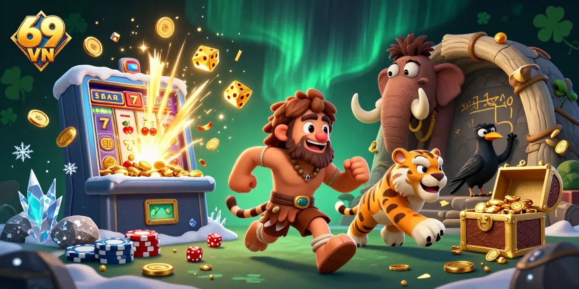Experience the thrill of winning at 69 VN with a vibrant prehistoric casino scene featuring exciting game elements.