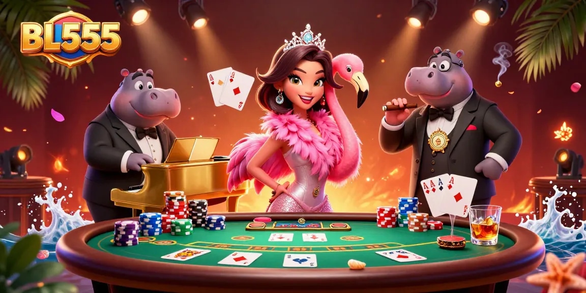 Experience thrilling poker action at BL555 with colorful chips and talented performers.