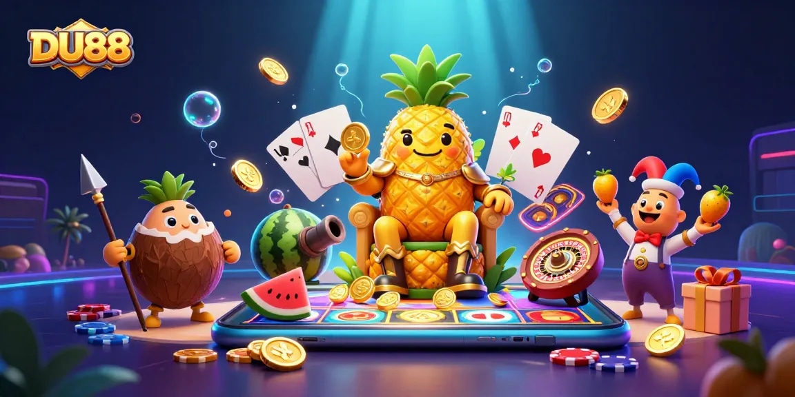 Experience DU88's vibrant gaming scene with a golden pineapple king and exciting casino elements.
