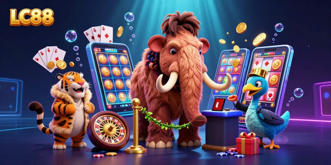 Experience vibrant gaming excitement with LC88's cartoon bouncer, VIP furry guest, and gaming action elements.