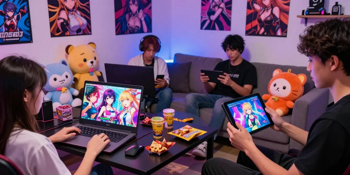 Engaged players exploring vibrant hentai games in a cozy gaming room.