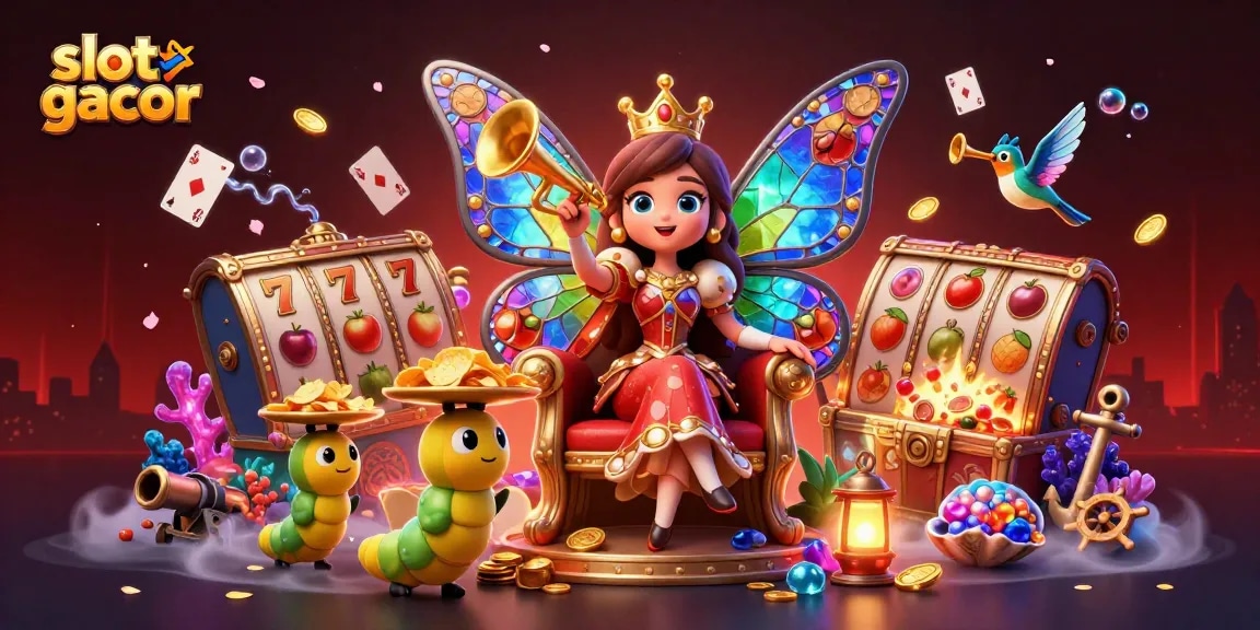 Experience the vibrant world of slot gacor as a colorful butterfly queen presides over a treasure-filled scene with dynamic gaming elements.