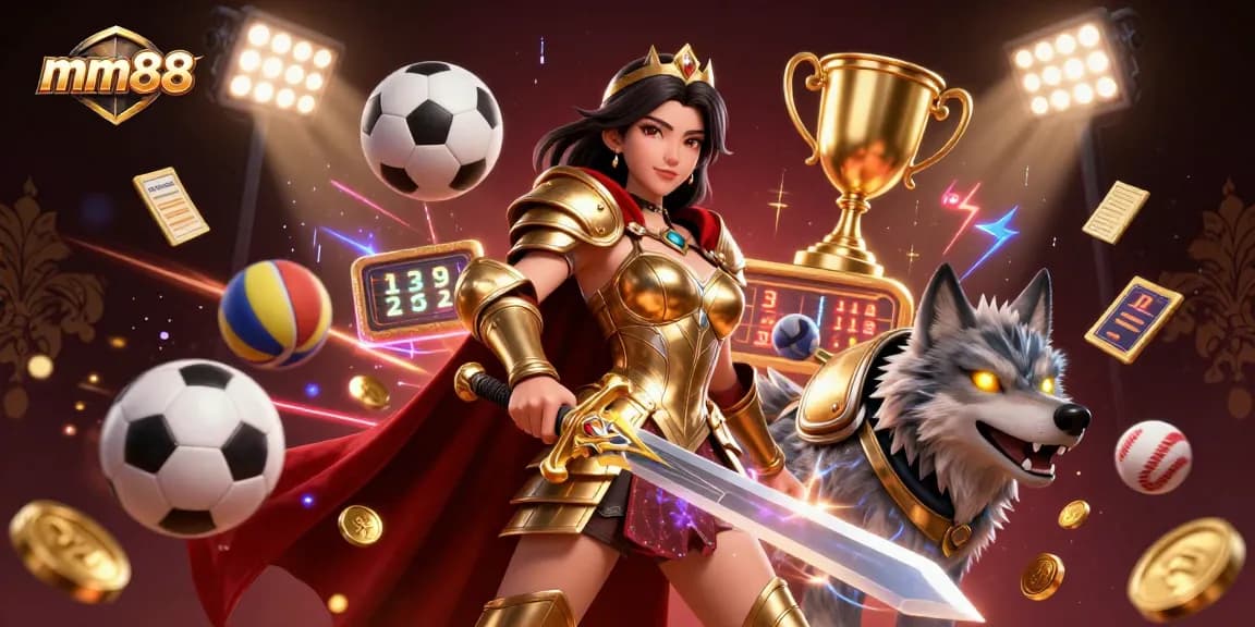 Experience the excitement of mm88 with dynamic 3D illustration of a warrior queen and sports elements.