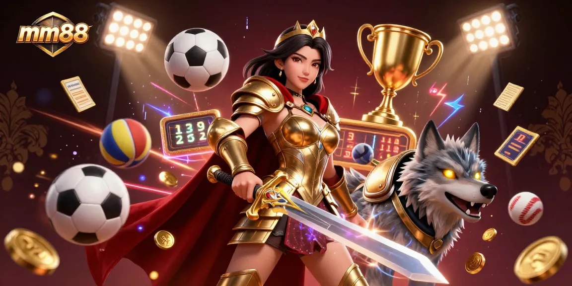 Experience the excitement of mm88 with dynamic 3D illustration of a warrior queen and sports elements.