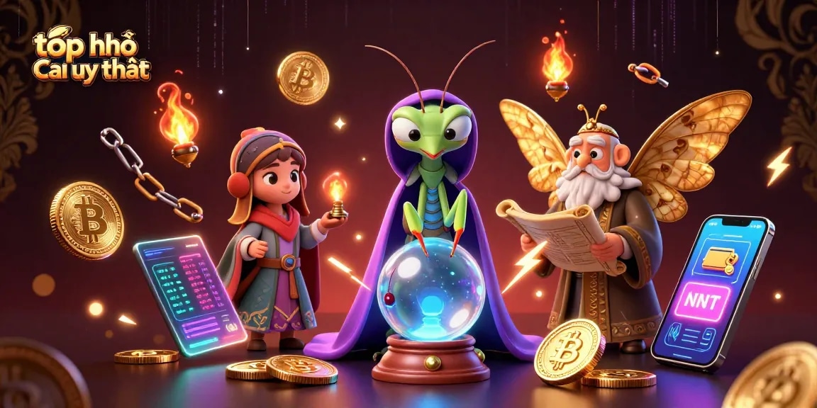 Check out the top nhà cái uy tín in a vibrant 3D casino-themed illustration featuring crypto elements and fortune tellers.