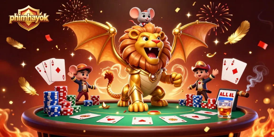 Experience thrilling action with phimhayok, featuring heroic chimera creatures at a dynamic poker table.