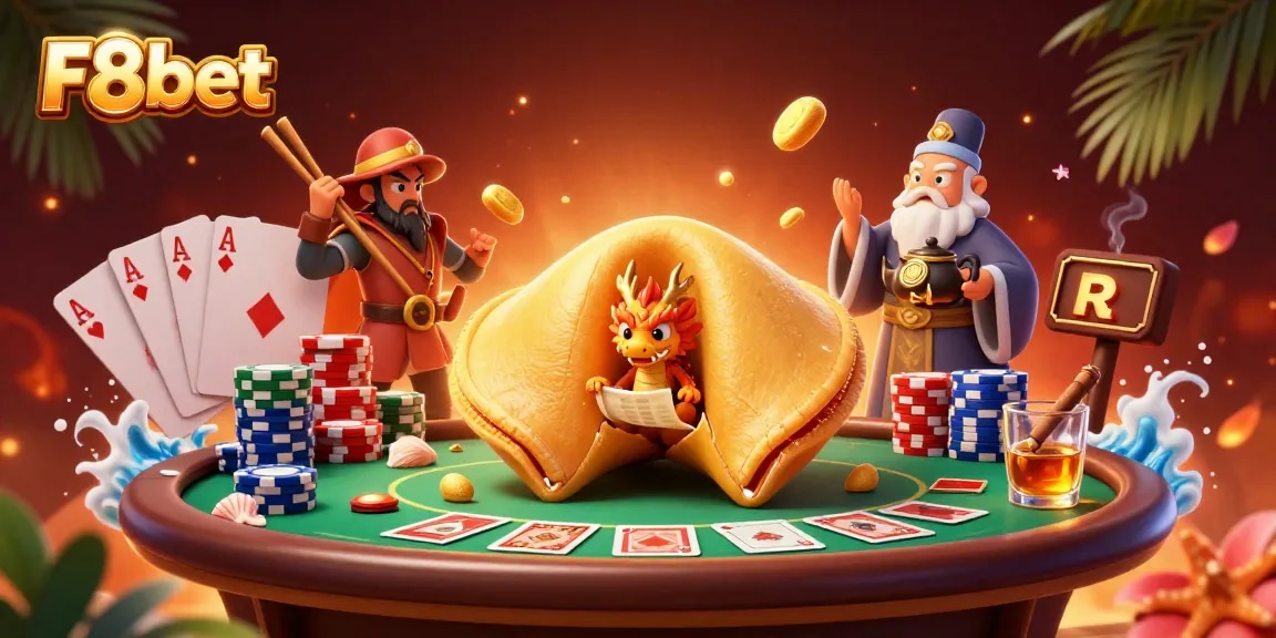 Bet with F8bet at a vibrant casino scene featuring cards and poker chips.