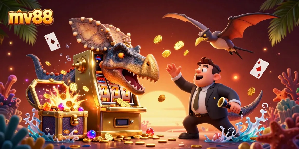 Experience thrilling wins at mv88 casino with vibrant characters around a slot machine jackpot.