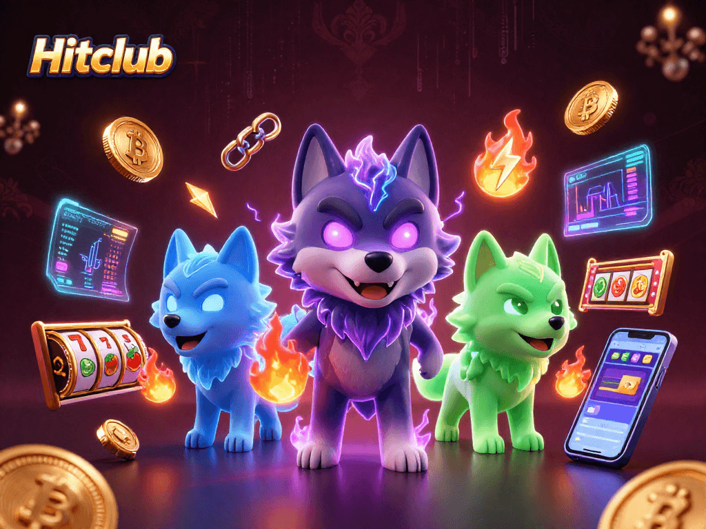 Hitclub's casino excitement captured in a vibrant 3D scene full of wolves and crypto elements.