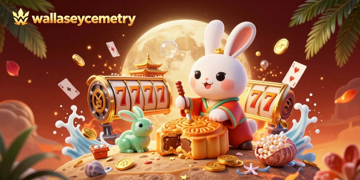 Bet on wallaseycemetery with moon rabbits surrounded by slot reels and poker chips in a vibrant casino scene.