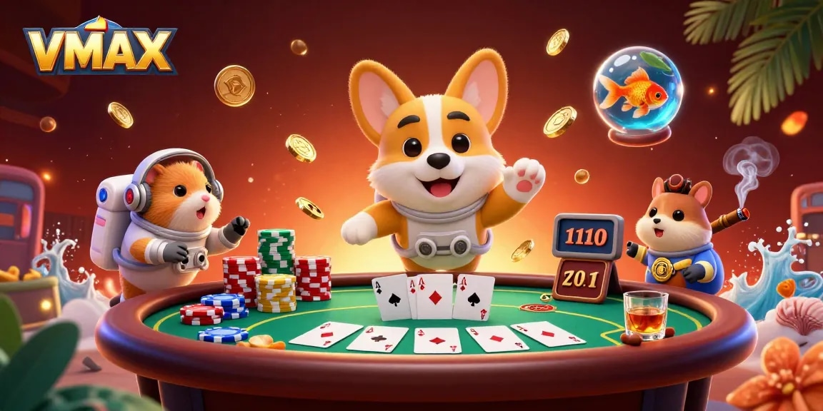 VMAX gambling action scene with cartoon corgi astronaut and poker elements in space