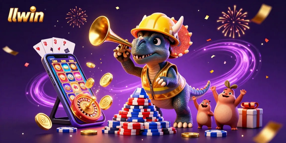 Experience dynamic gaming fun with llwin as a triceratops builds poker chip pyramid, surrounded by casino elements.