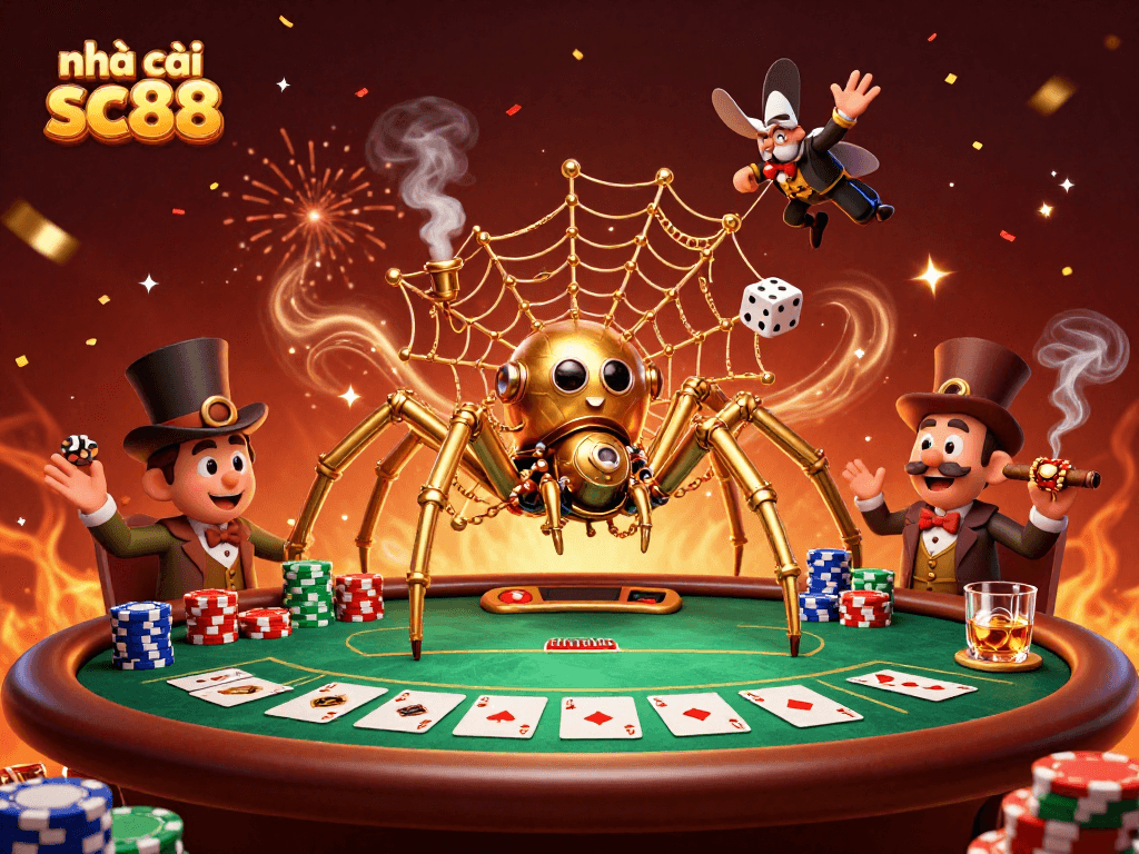 Engage with nhà cái sc88 through a captivating 3D digital illustration featuring a steampunk spider and poker elements.