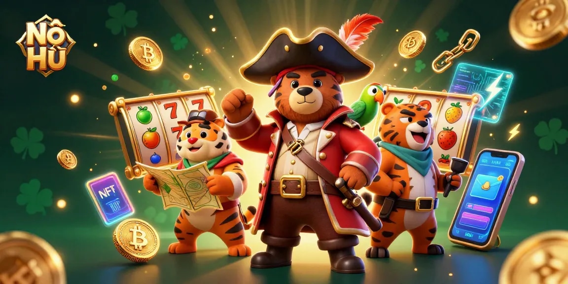Nổ Hũ awakens jackpot excitement with a lively 3D scene featuring vibrant slot reels and iconic symbols.