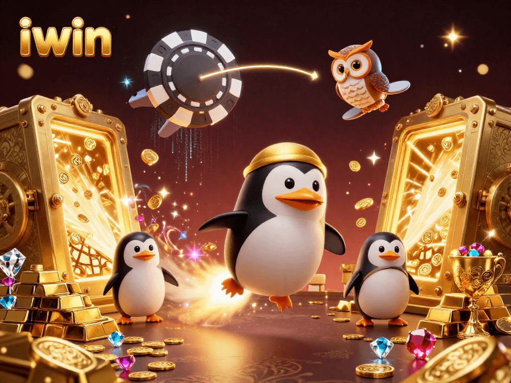 iwin casino illustration with golden penguin and a vibrant casino-themed background