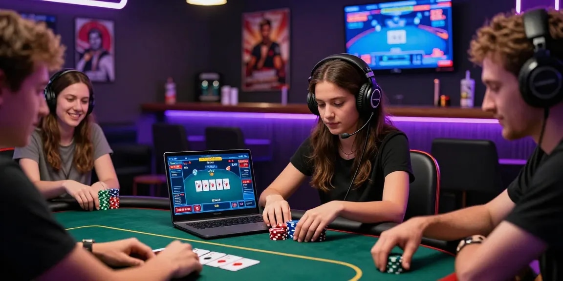 Engaging online poker tournament featuring diverse players, showcasing Poker Idn Terpercaya atmosphere in a stylish gaming lounge.