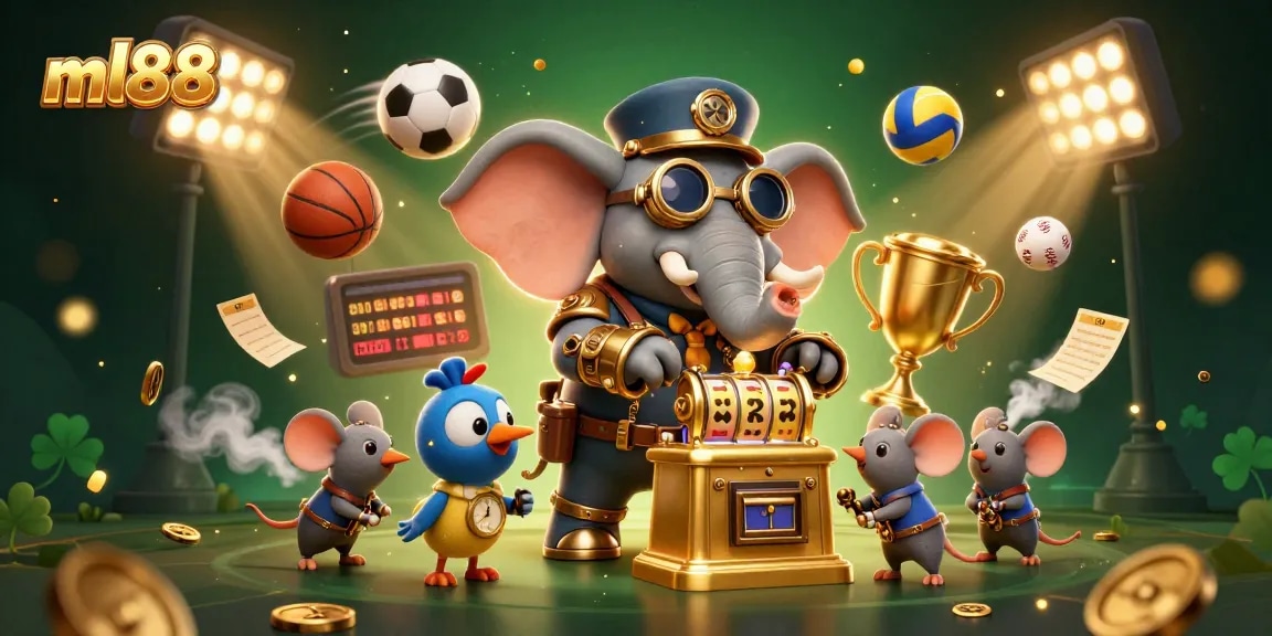 Win big with ml88 at the casino, featuring a steampunk elephant and dynamic sports elements.