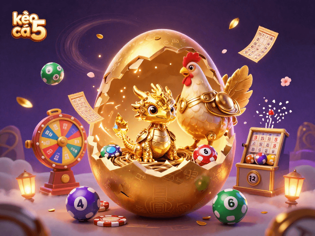 Spin to win with kèo nhà cái 5 as a golden dragon emerges from a nest of poker chips.
