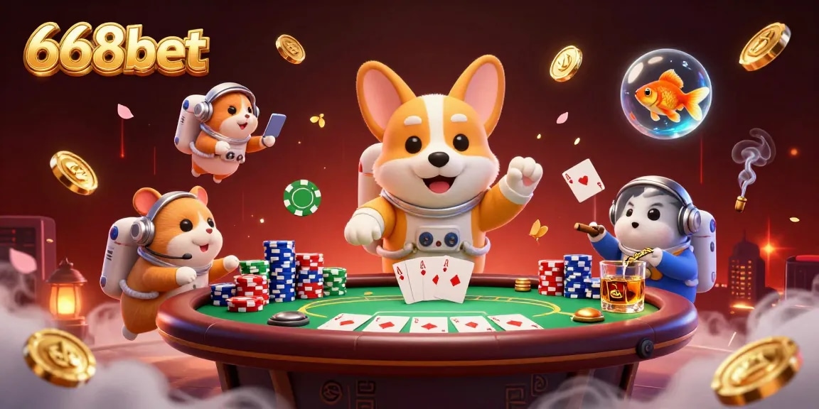 Experience the thrills of poker with 668bet's vibrant space casino adventure featuring floating characters.
