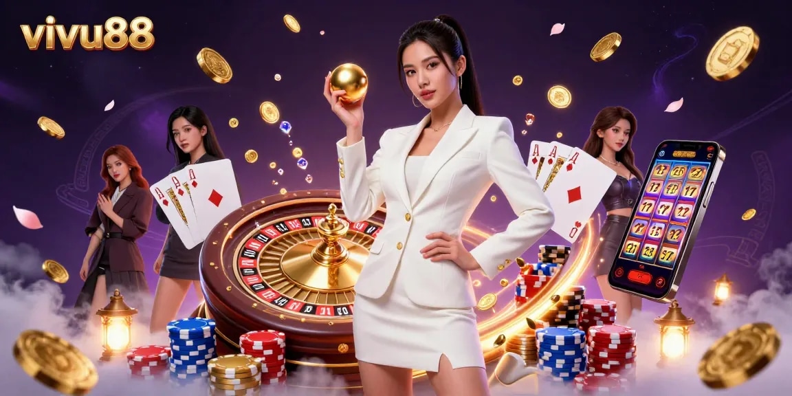 Experience thrills with vivu88's stunning casino scene featuring a confident woman and rich gaming elements.