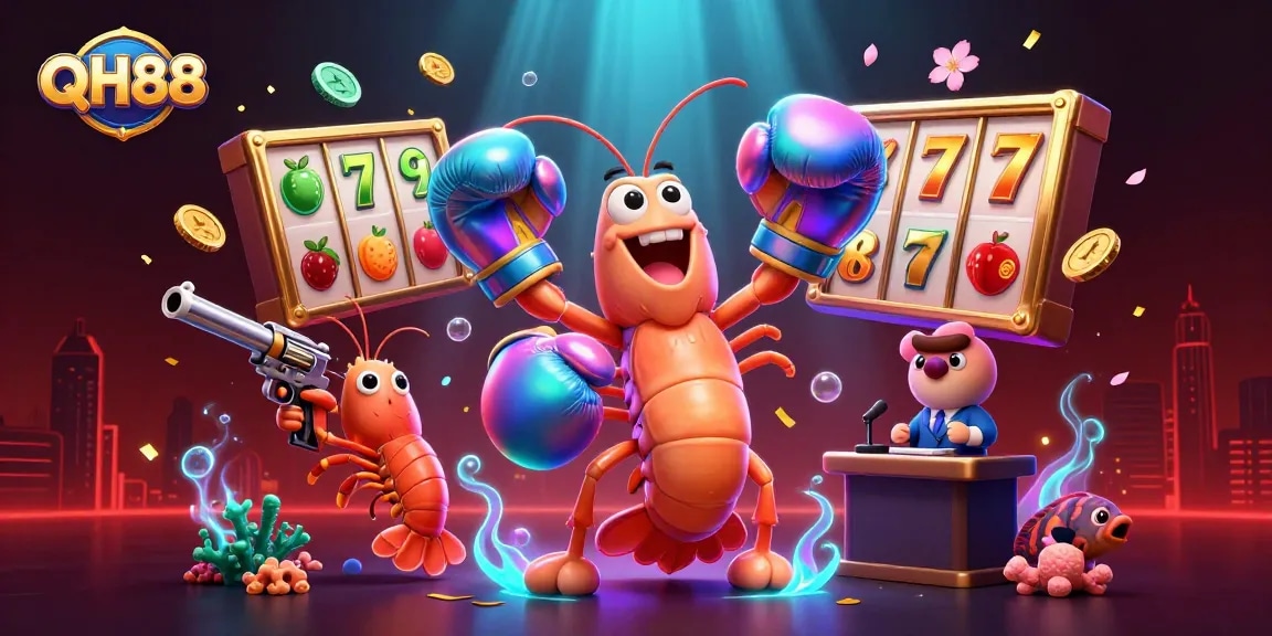 Experience QH88 with vibrant casino elements, featuring cartoon shrimp amidst slots and lucky charms.