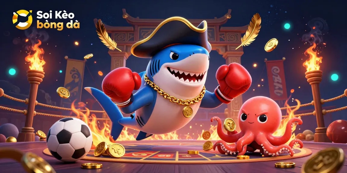 Soi Kèo bóng đá showcases dynamic sports betting action with a pirate shark, pufferfish, and octopus in a vibrant arena.