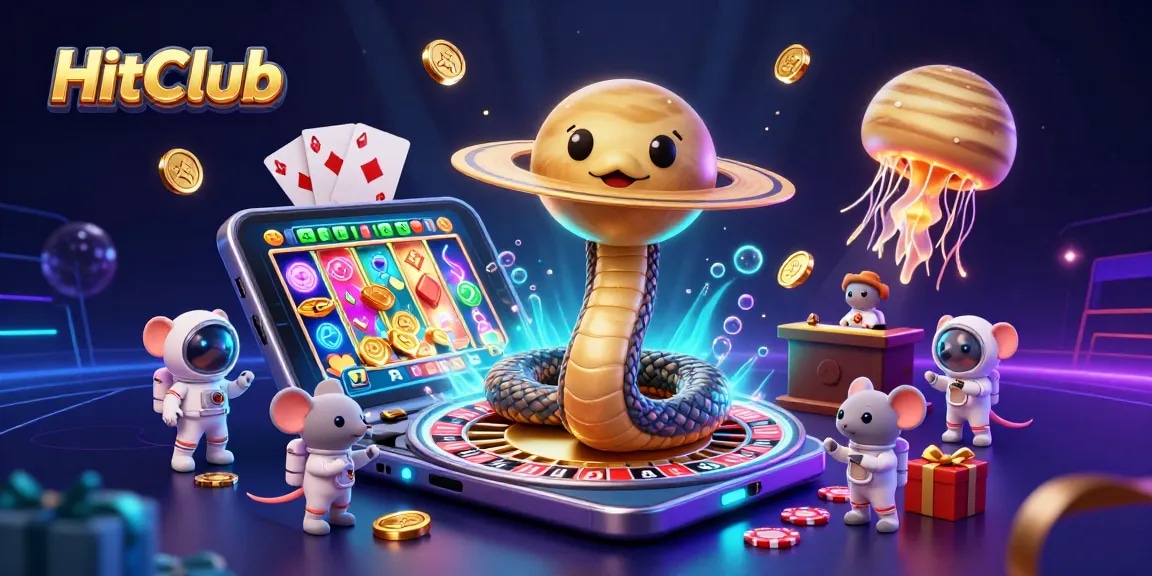HitClub showcases an exciting 3D casino scene where gamblers bet on a roulette wheel formed by Saturn's rings amidst vibrant cosmic elements.