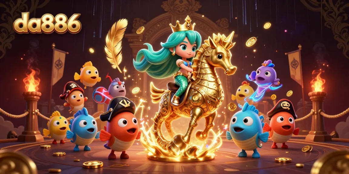 Play exciting games at da886 with a 3D mermaid and golden seahorse in an immersive casino scene.