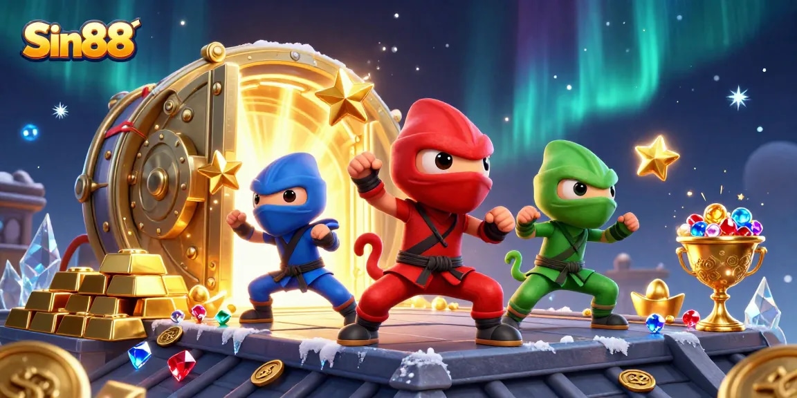 Sin88 offers thrilling betting excitement with a vibrant 3D illustration of casino treasures and chameleon ninjas.