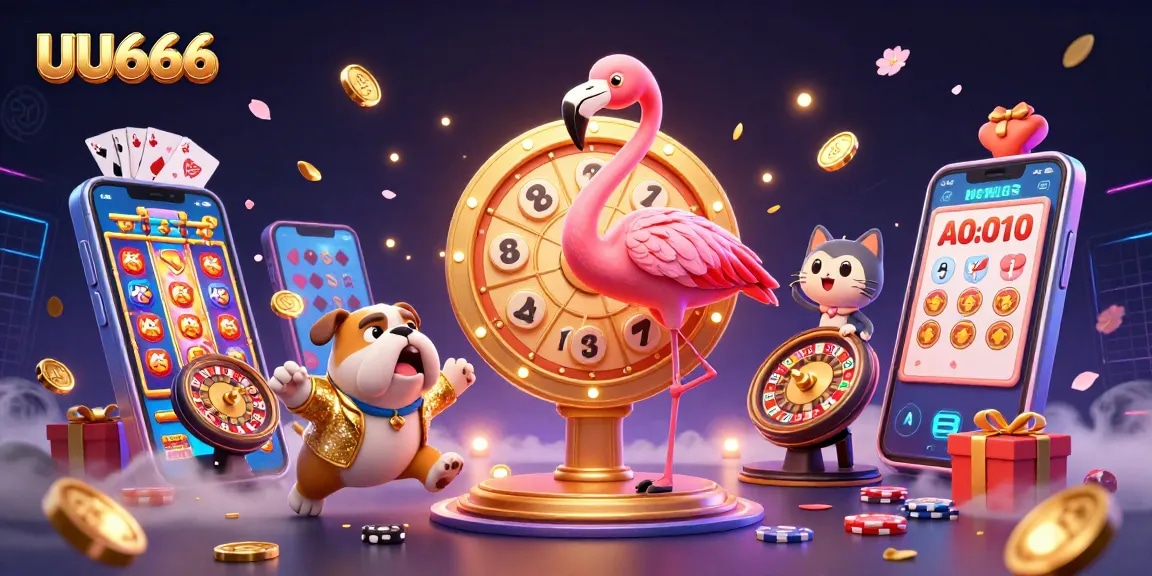 UU666 showcases a vibrant 3D scene with a gaming host and excited contestants at a prize wheel.