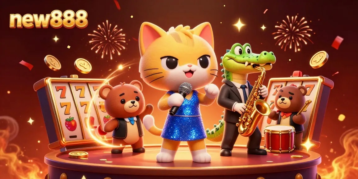 Spin the new888 slots with vibrant characters in a lively casino atmosphere.