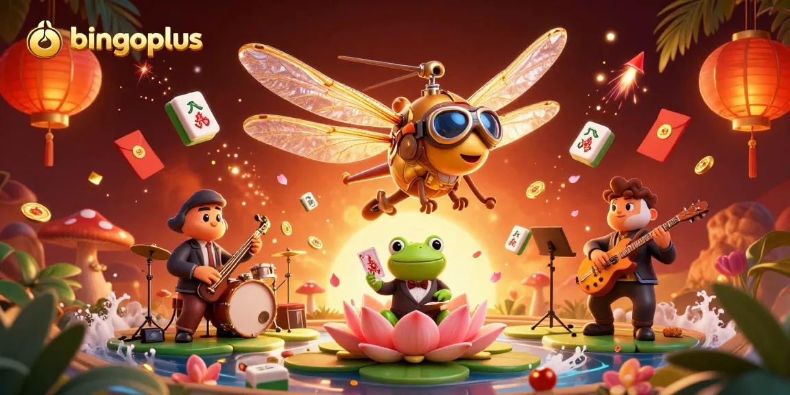 Experience the thrill of bingoplus with vibrant 3D casino imagery featuring a dragonfly pilot and frog croupier.