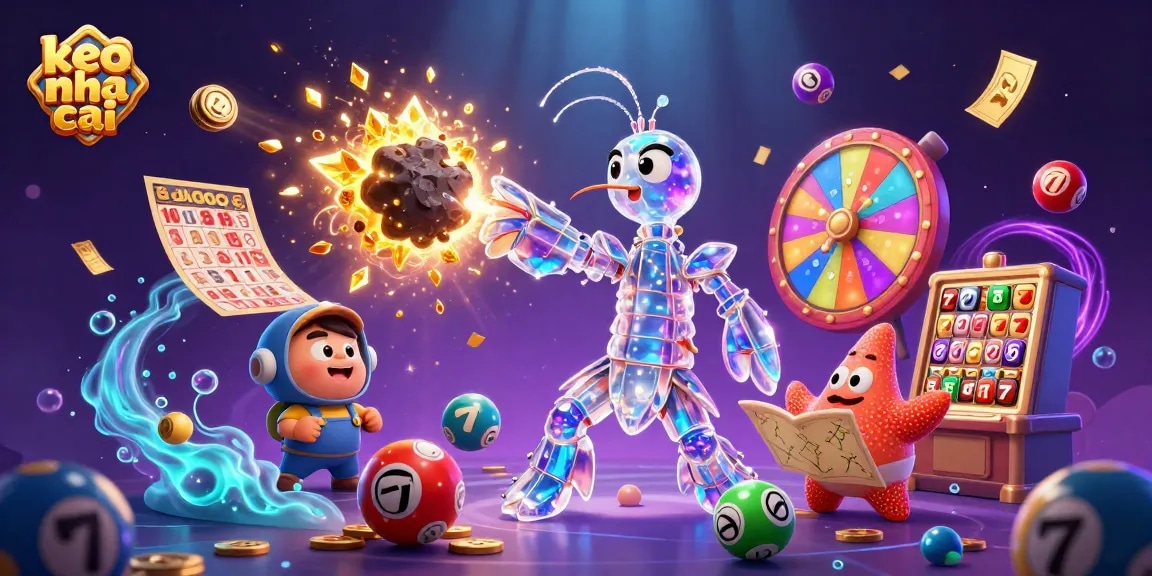 Engage in thrilling keo nha cai betting with sparkling gems, slot reels, and dynamic prize elements.