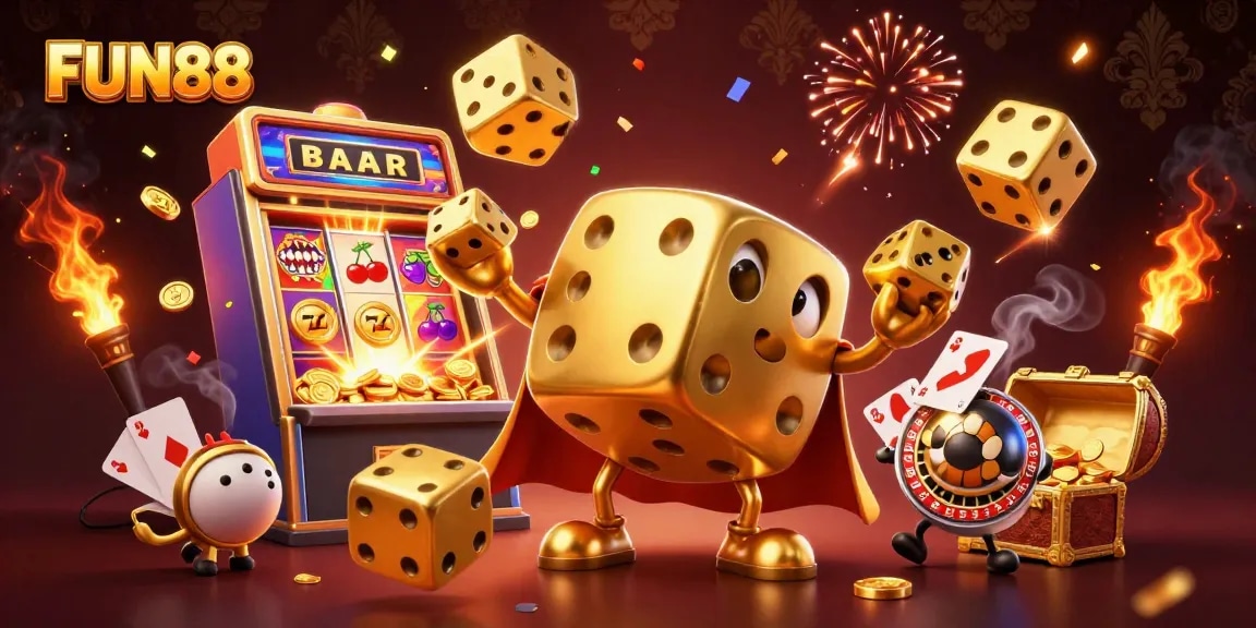 Experience vibrant gaming action at FUN88 with a dazzling golden dice golem surrounded by dynamic casino elements.