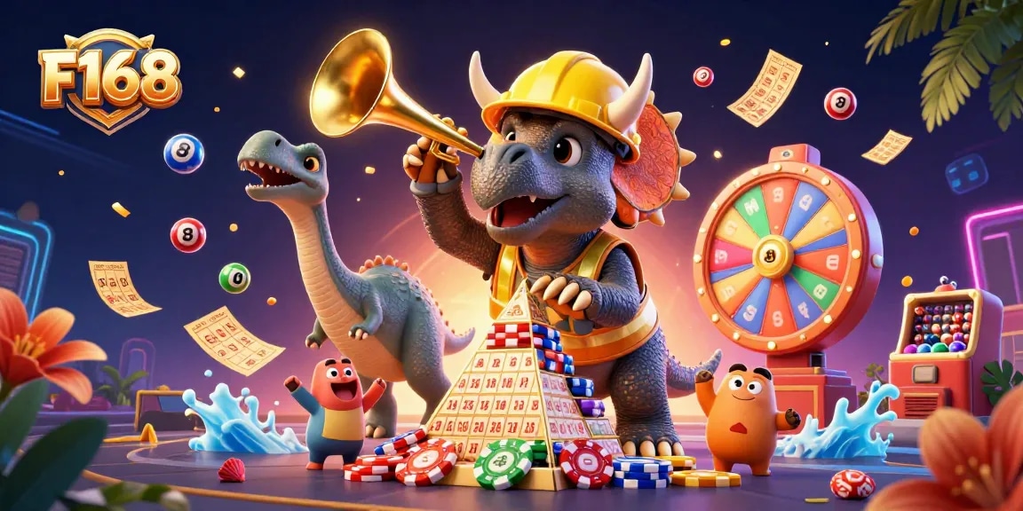 F168 engages players with colorful lottery elements and cheerful characters in a vibrant casino scene