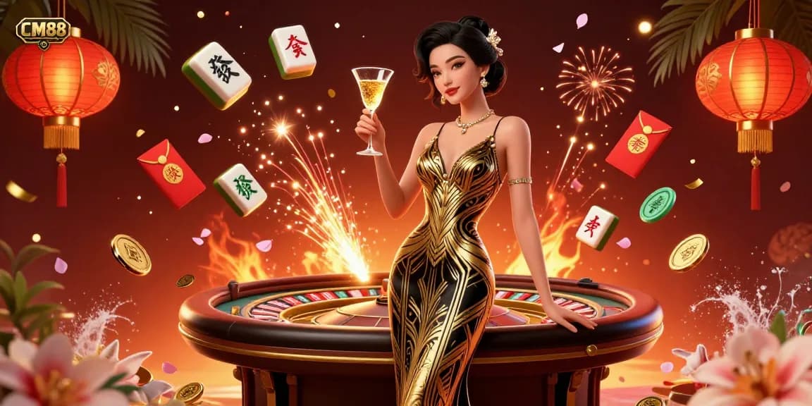 Win big at CM88 casino with an elegant lady amidst dazzling game elements and rich colors.