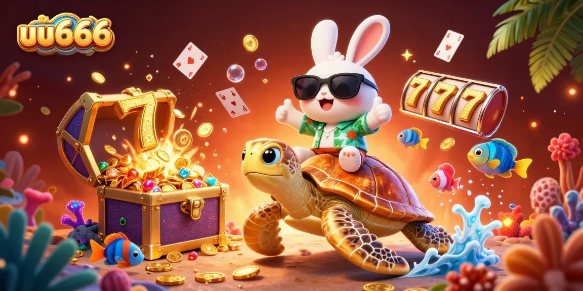 Play and win at uu666 with luck from a rabbit and a golden sea turtle in a vibrant casino scene.